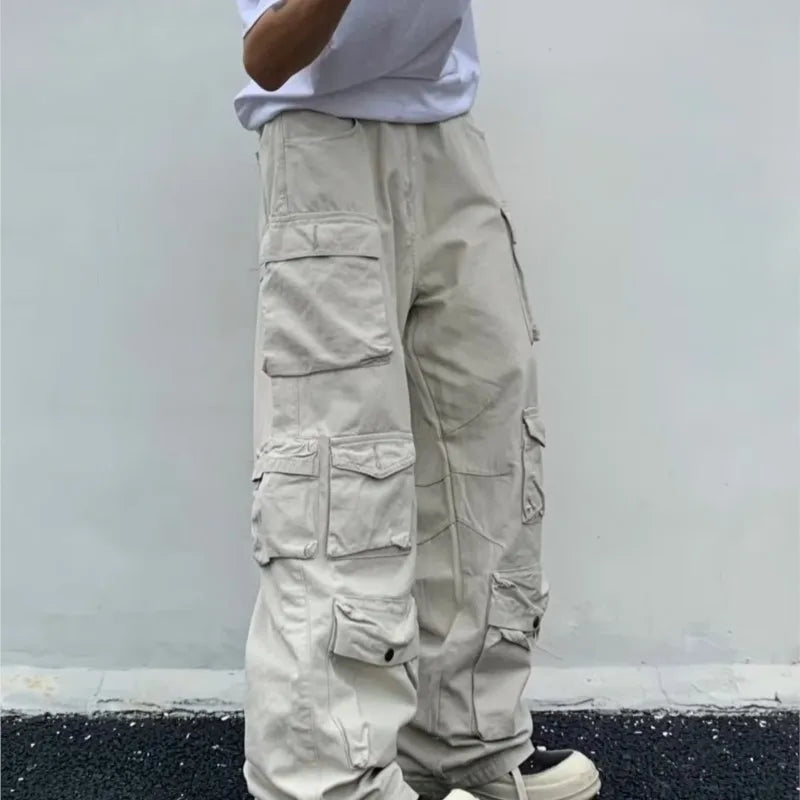 Cargo pants Rice White Multi-pockets Overalls Harajuku stays Loose Casual Trousers Straight Mopping Pants