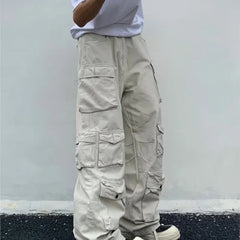 Cargo pants Rice White Multi-pockets Overalls Harajuku stays Loose Casual Trousers Straight Mopping Pants
