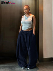 Weird Puss Y2K Casual Wide-Leg Pants Loose Simple Basic Pocket High Waist Trousers Corduroy Streetwear Long Bottoms