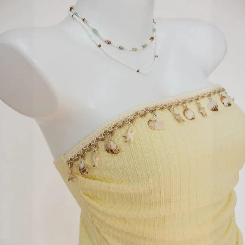 Sweet Yellow Slim Fit Knitted Tube Top With Shell Ribbon Decoration Irregular Pleated Side Slit Casual Vacation Top