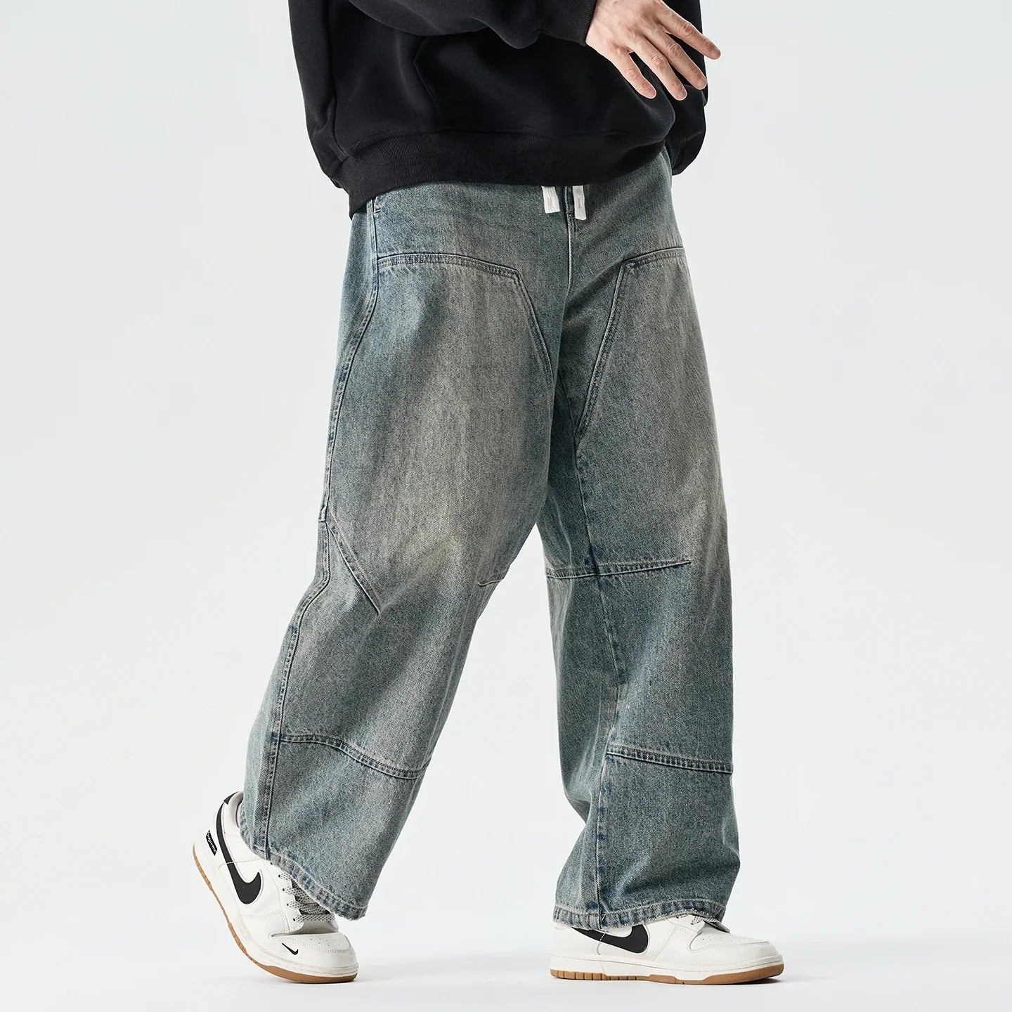 Denim Pants Vintage Elastic Waist Black Jeans Male Harajuku Hip Hop Cotton Oversize Wide Leg Trousers