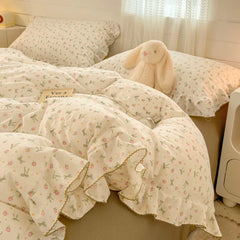 INS Princess Style Bedding Sets Ruffle Lace Bow Quilt Cover Romantic Bedclothes Decor Girls Bedroom Duvet Cover 4pcs
