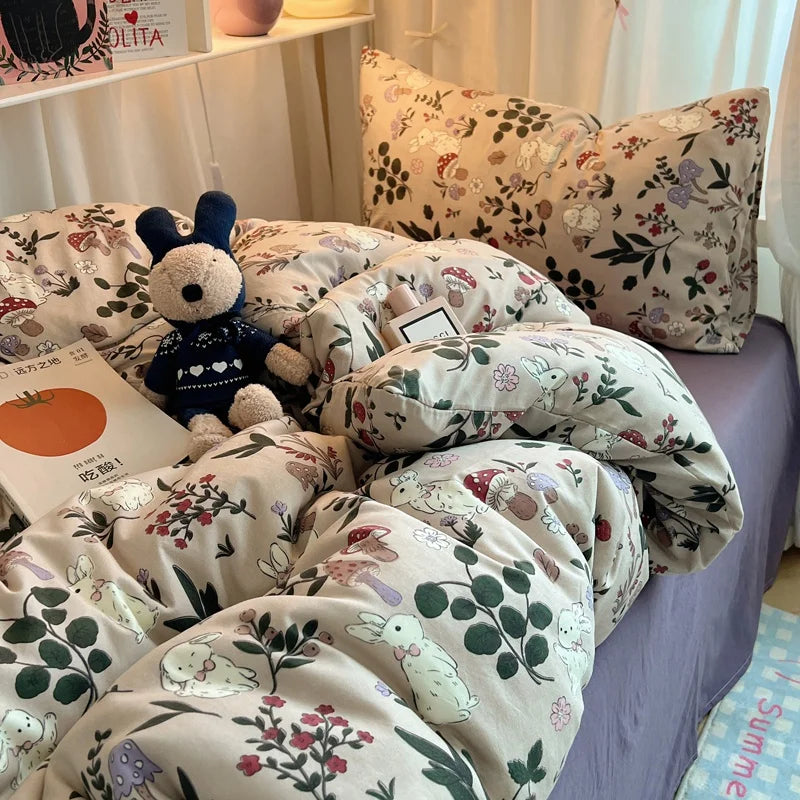 Bedding Set Double Layered Yarn INS Girls Mushroom Soft Washed Cotton Bed Sheet Queen King Size Duvet Set Pillowcase Bed Sheet