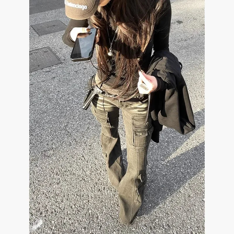 Low Waist Workwear Pants Slimming Floor-Length Bell Bottoms Trendy Y2K Millennium Cargo Trousers Retro American Style