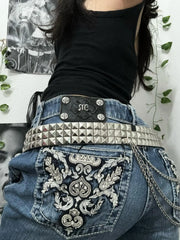 American Y2k Gothic Punk Pocket Embroidered Jeans Harajuku Retro Blue Loose Jeansable High Waist Slimming Wide Leg Pants
