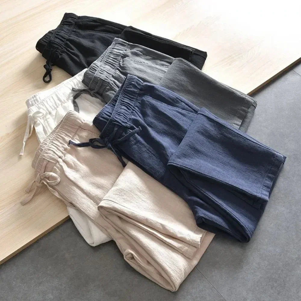 Cotton Linen Casual Pants Baggy Streetwear Joggers Sports Trousers Solid Color Long Straight Trendy Pants