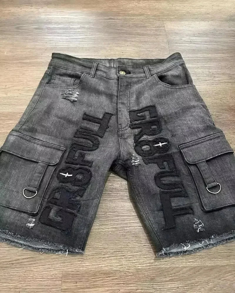 Y2K Denim Shorts Patch Vintage Shorts Street Hip Hop Harajuku Punk Loose High Waist Wide Leg Pants