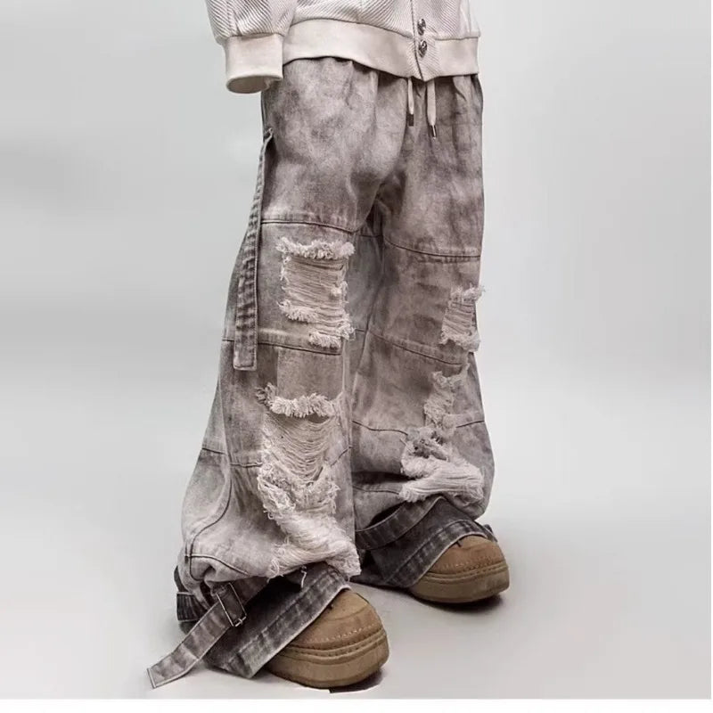 Hip-hop street clothing wasteland style tie-dye ripped jeans