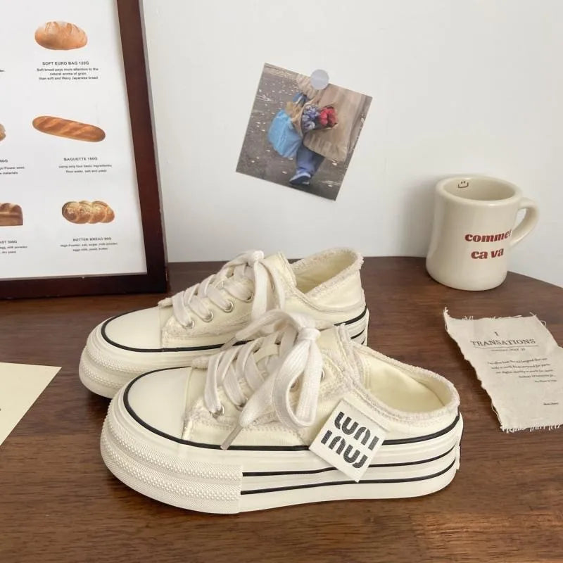 Casual Height Increasing Platform Canvas Shoes Outer White Sneakers Slipper Slip on Sandals Vulcanize Shoes