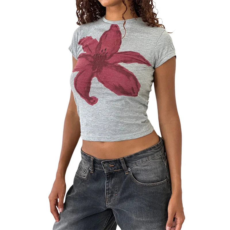 Xingqing y2k Crop Top 2000s Baby Tee Floral Print Round Neck Short Sleeve T Shirt Fairycore Clothes Streetwear