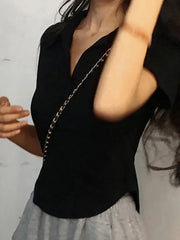 Short Sleeve Lapel Top Solid V-Neck Pullovers Retro Sweet Shirts Girl Crop Top Slim Versatile Tee