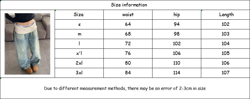 American Retro Ribbed Waistband Loose Wide Leg Jeans Distressed Washed Straight-leg Jeans Harajuku Style Girl Y2k Trousers