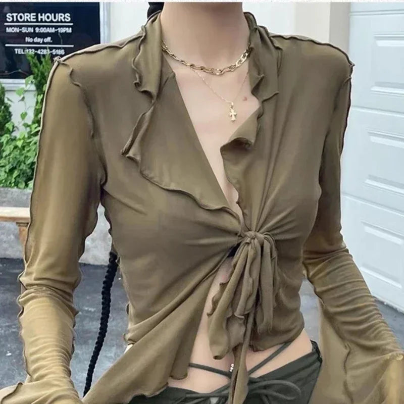 Long Flare Sleeve Sweet Girls Korean Blouses