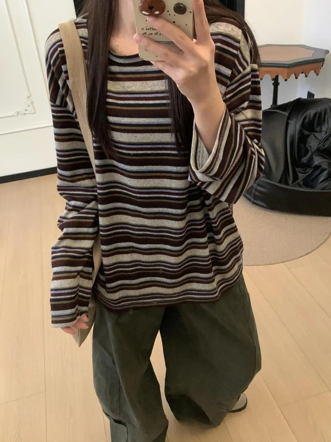 Long Sleeve Striped Korean Style Loose T-shirt Polyester Fiber round Neck Casual Slimming Top