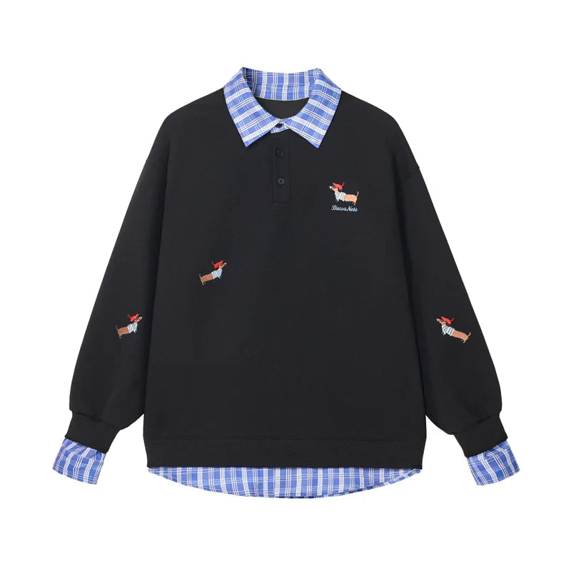 Plaid Patchwork Fake Two Sweatshirt College Style Puppy Embroidery POLO Collar Sweatshirt Loose Pullover Tops