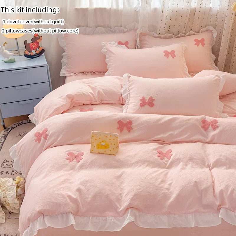 3 Piece Sheet Set pink bowknot embroidery Quilt Set