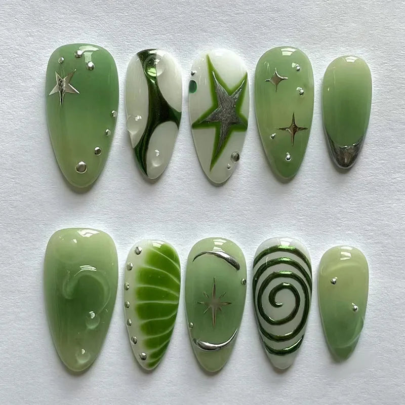 24pcs Short Almond False Nail Art Starlight Rhinestone Design Nails Tip Green Full Cover Nail Set Datachable Press on Fake Nails