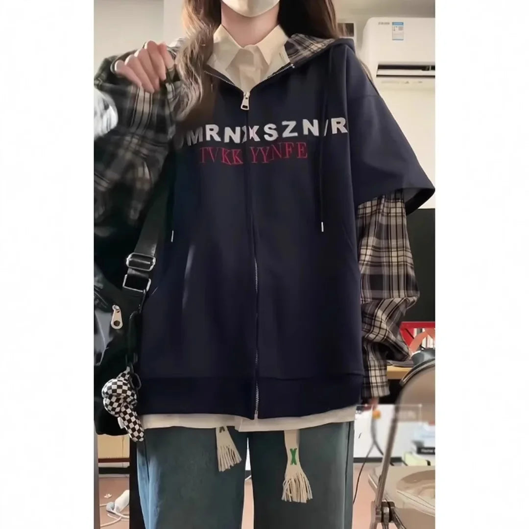 Two-Piece Illusion Plaid Hooded Sweatshirt Thin Style Design Sensibility Niche Loose Fit Idle Style Couple