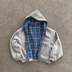 Korean Simple Gray Double Sided Oversized Zipper Hoodie Y2K Harajuku Gothic Casual Joker Couple Sweatshirt