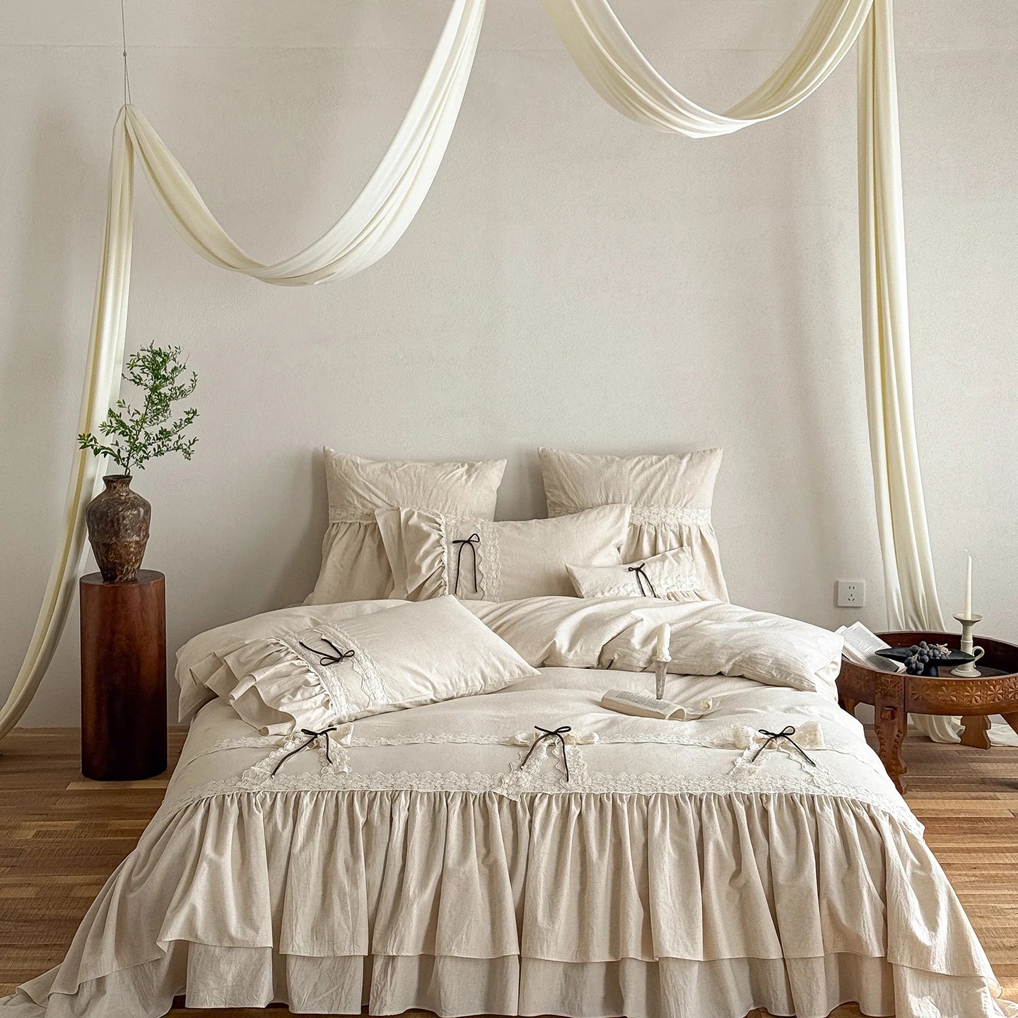 Double-layered Ruffles Lace Bow Princess Bedding Set Cotton Linen Blend Duvet Cover Set Flat/Fitted Bed Sheet Pillowcases 4Pcs
