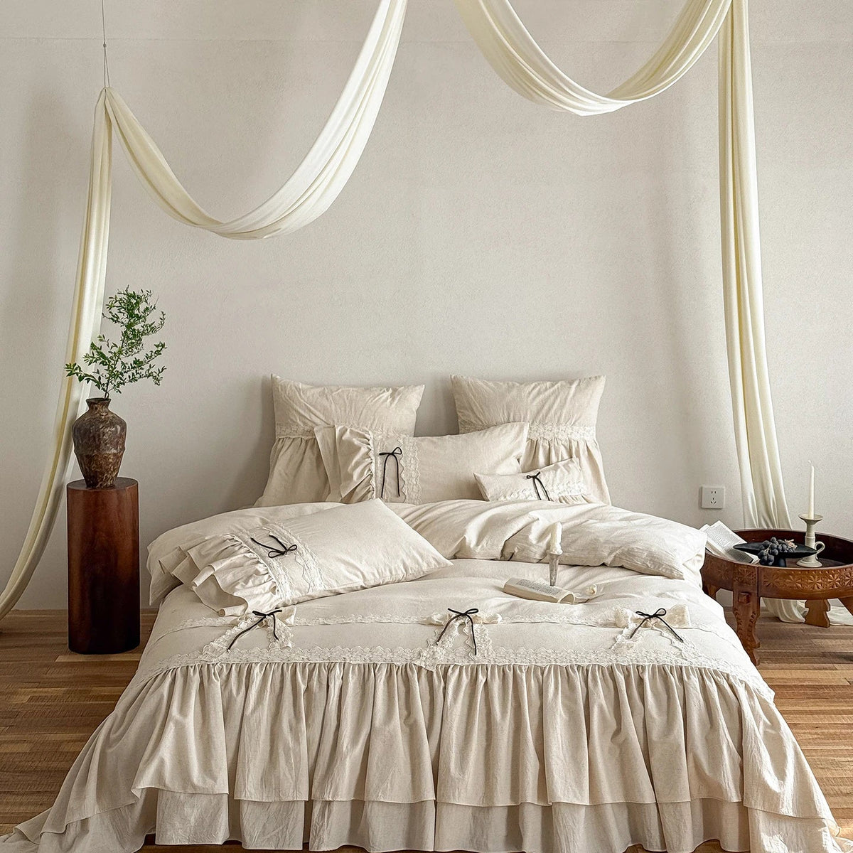 Double-layered Ruffles Lace Bow Princess Bedding Set Cotton Linen Blend Duvet Cover Set Flat/Fitted Bed Sheet Pillowcases 4Pcs