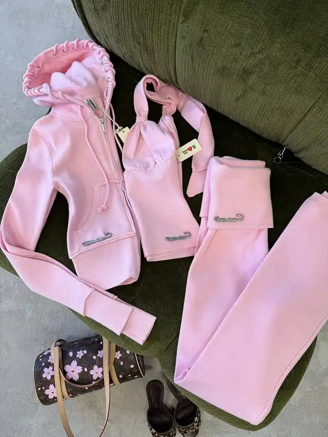 Y2K American Sportswear Two Piece Set Casual Blue Yoga Suit Short Skirt Slim Fit Hooded Sweatshirt Casual Sports Pants
