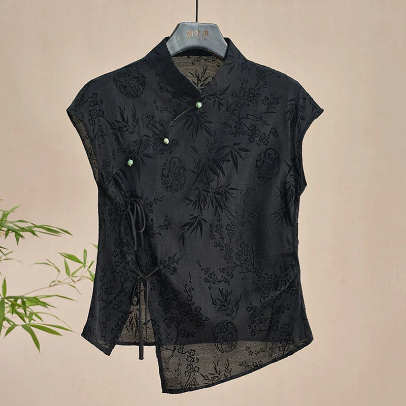 Retro Thin Shirt Chinese Style Cheongsam Top Black Jacquard Short Sleeve T-shirt Mature Clothing