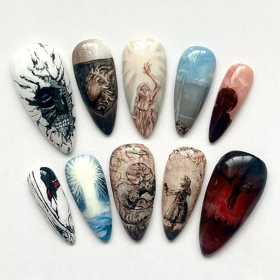 24pcs Flower Print Press on Nails Wine Red Blush Almond False Nail Tips Wearable Reusable Spicy Girl Fake Nails
