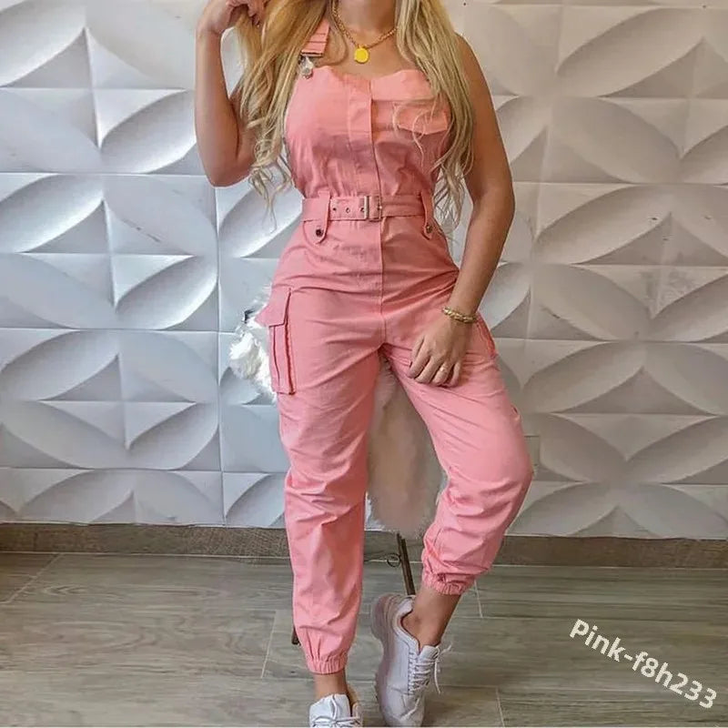 Wish Utility Jumpsuit Beltless Sleeveless Simple Tied Pants Working Uniform Cross-border Style from HongKong