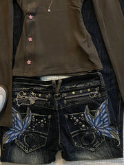 American High Street Large Size Butterfly Embroidered Jeans Y2K Millennium Harajuku Slim Flared Jeans