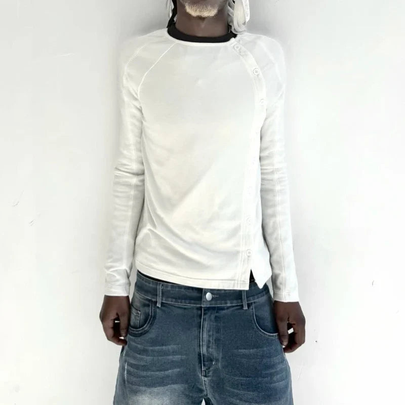 Y2K Solid Color Button Round Neck T-shirt Casual Edition Retro Trend
