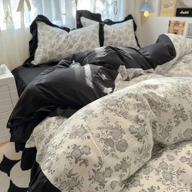 1.5/1.8 Korean Style 100% Cotton Fitted Sheet Sets with Lace Flower Print Bedding Set