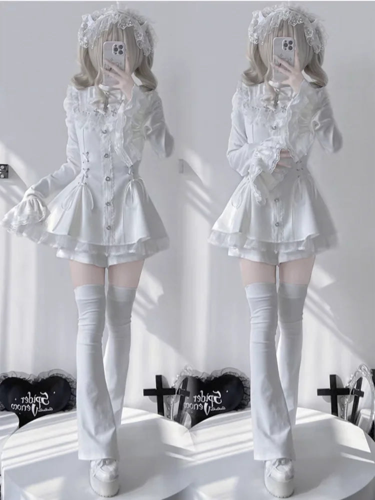 Gothic Vintage Girl Slim Patchwork Dress High Street Lace Skinny Long Sleeve Dresses France Sweet White Clothing New