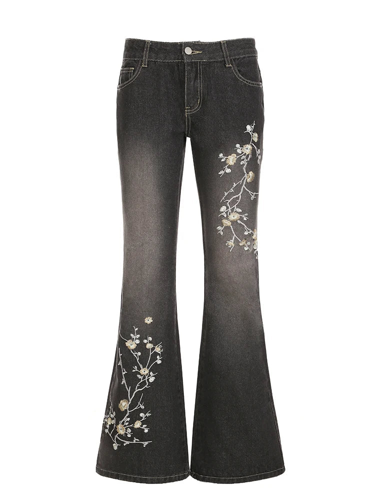 Weekeep Floral Embroidery Jeans Vintage 2000s Low Rise Flared Jeans Retro y2k Baggy Denim Pants High Street Basic Trousers