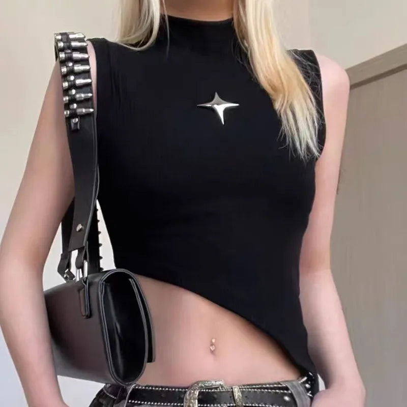 Y2K Crop Knit Top e-girl Sleeveless Asymmetrical Hem High Neck Stretchy Fitted Sweater Vest 90s Outfit