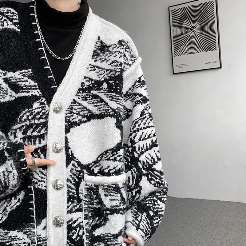 Printed Sweater Coat Top quality V Neck Knitted Cardigan Lazy Chic Elegant Sweater High Street Hip Hop Oversized