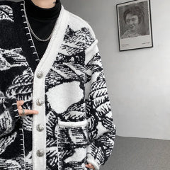 Printed Sweater Coat Top quality V Neck Knitted Cardigan Lazy Chic Elegant Sweater High Street Hip Hop Oversized