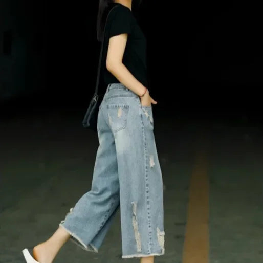 Retro Faded Hole Denim Jeans Thin High Waist Loose Wide Leg Pants Small Size Seven Casual Pants