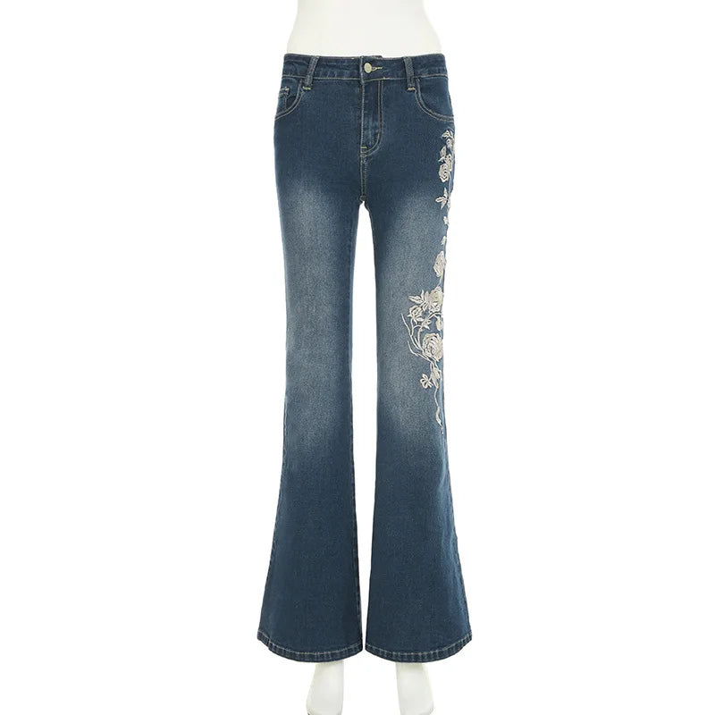 Flare Pants Jeans Embroidery Boot Cut Low Waist Washed Distressed Pockets Floor Length Streetwear Denim Trousers