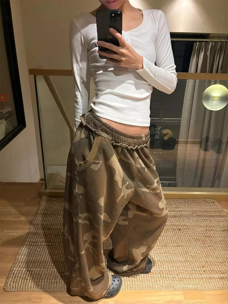 American Style Girl Camouflage Wide Leg Pants Straight Casual Loose Sports Sweatpants Design Long