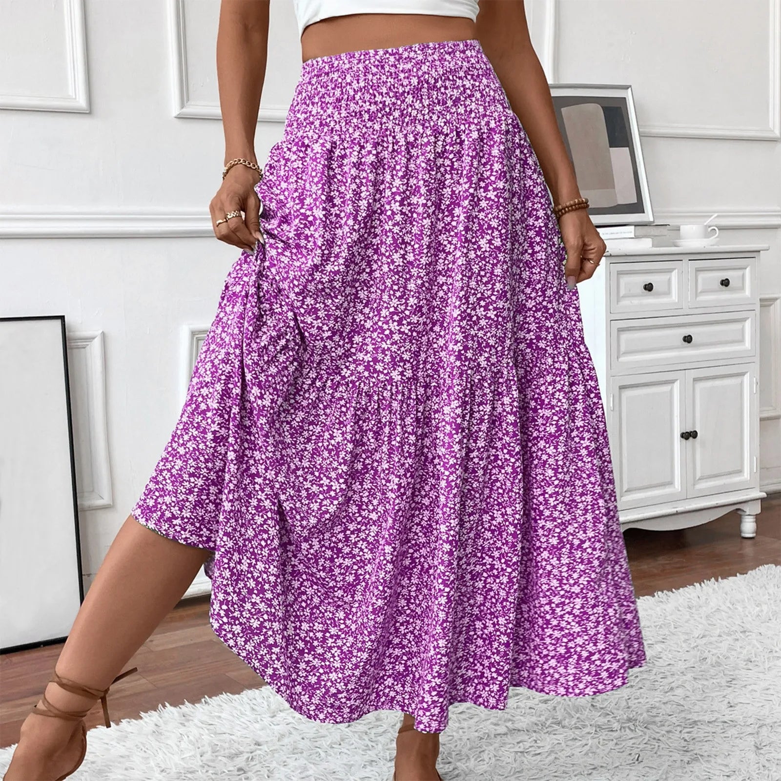 Pleated Floral Print Elastic Waist Loose Splicing A Line Skirt Skirts