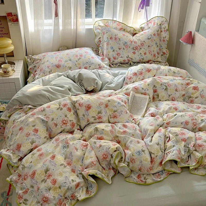 Ruffles Bedding Set Floral Style Duvet Cover Pillowcase with Bedsheet Skin-friendly Bed Linen Set Girls Room Bedclothes