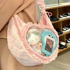 Pink Cute Shoulder Bag Pleated Love Heart Lolita Jk Ita Bag Drawstring Ballet Style Sweet Handbag