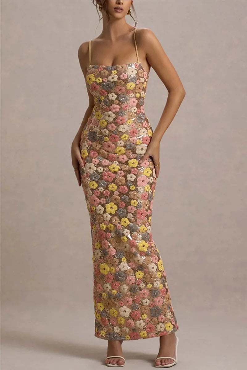 Summ Flowers Sequin Patchwork Slim Party Long Dress Strapless Maxi Dress, Sleeveless Ladies Dress Vestidos