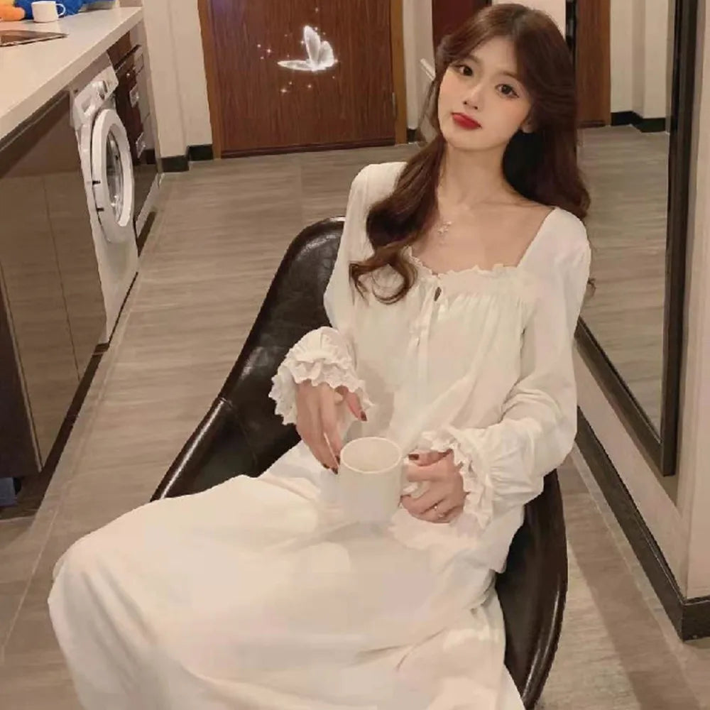 Long Sleeve Princess Style Nightdress Pajamas Lace Palace Korean Version Loose Plus Size Homewear Birthday Gift