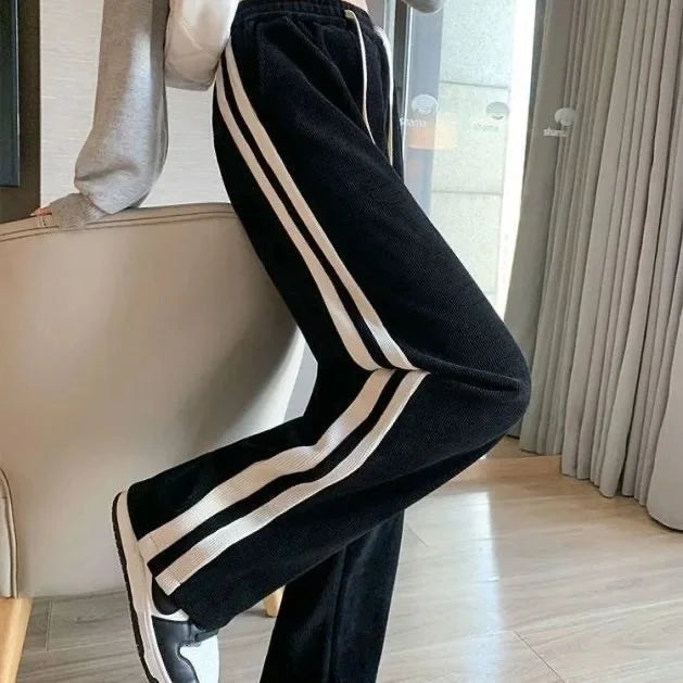 High Waist Thickened Fleece Lined Corduroy Pants Casual Straight Leg Trousers Color Block Stripe Design Trendy Long Pant