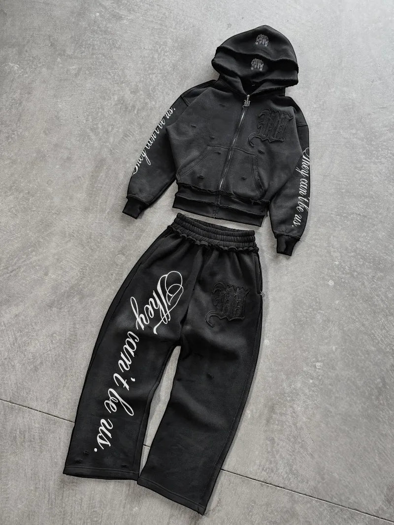 Y2K Harajuku Punk Gothic Loose Hooded Sweatshirt American Embroidered Patch Casual Double Hooded High Street Retro Sports Sui