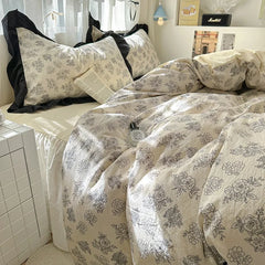 1.5/1.8 Korean Style 100% Cotton Fitted Sheet Sets with Lace Flower Print Bedding Set