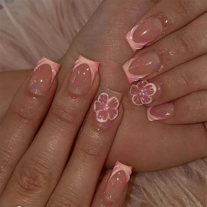 24Pcs Short Square French Nail Tips 3D Embossed Flower Decoration Removable Wearable Press on Nails