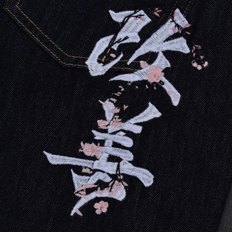 Raw baggy jeans Y2K retro art font embroidery black jeans Harajuku hip hop unisex woven washed patchwork wide leg pants